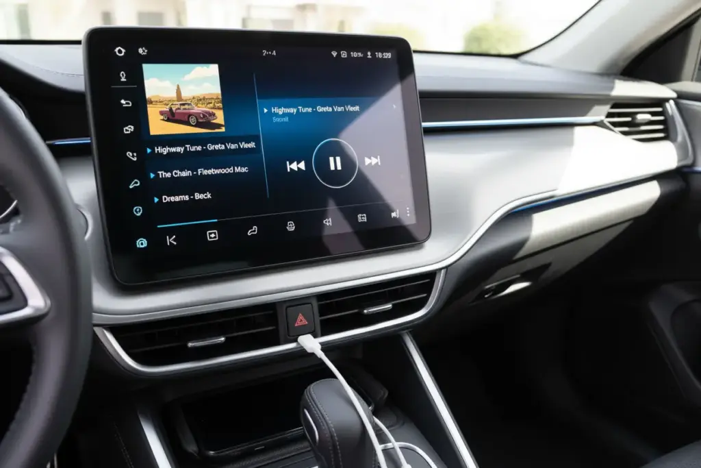 Conexão smartphone cabo USB reproduzindo música.