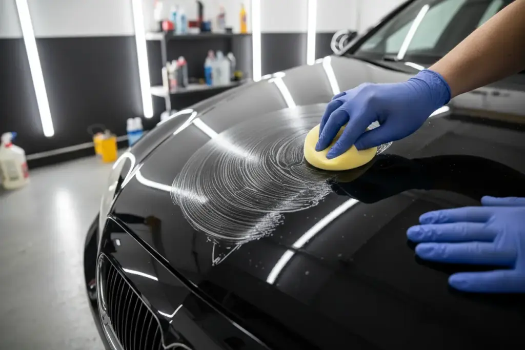 Aplicação manual de cera em carro preto com aplicador de espuma.