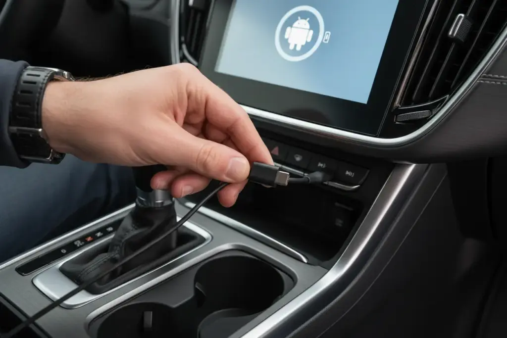 Conexão de cabo USB no carro para Android Auto