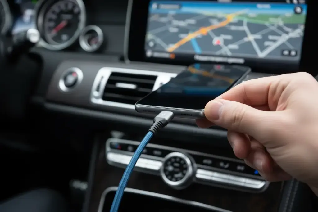 Smartphone Android conectado ao carro via cabo USB de qualidade