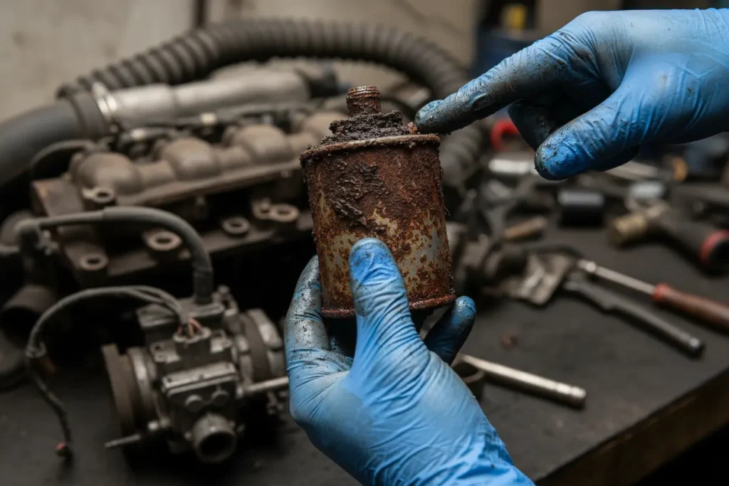 Filtro de combustível sujo com resíduos e impurezas