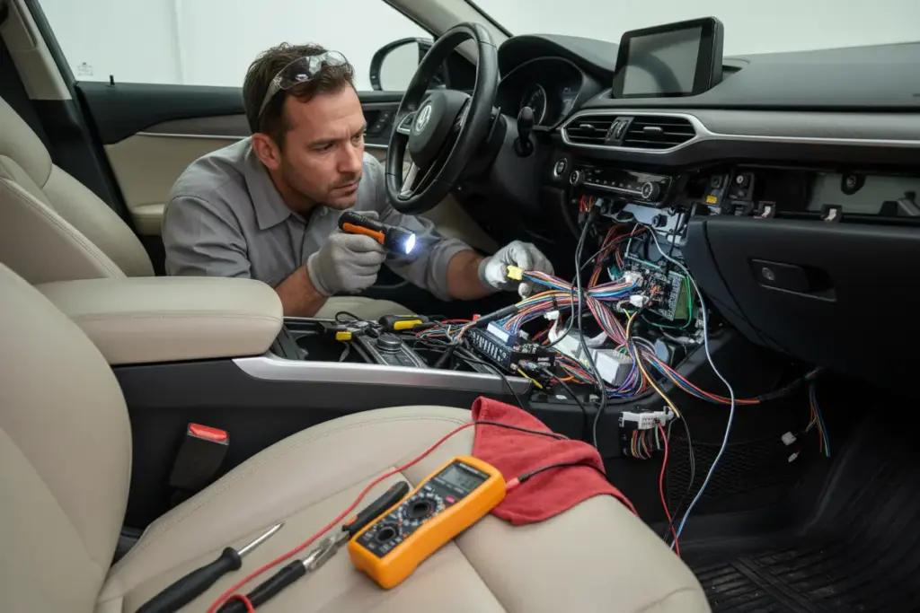 Técnico inspecionando a fiação elétrica do carro