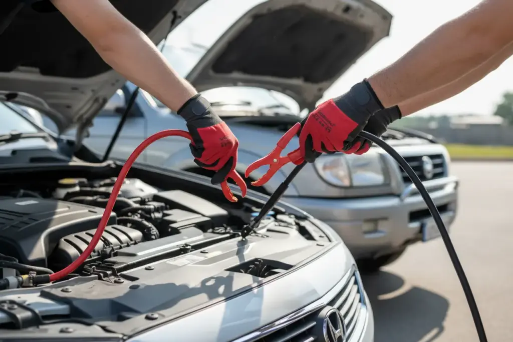 Conexão correta dos cabos de bateria para partida.