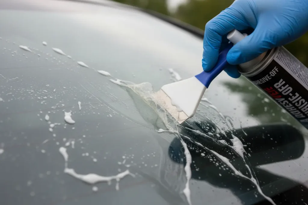 Processo de limpeza de cola no vidro do carro
