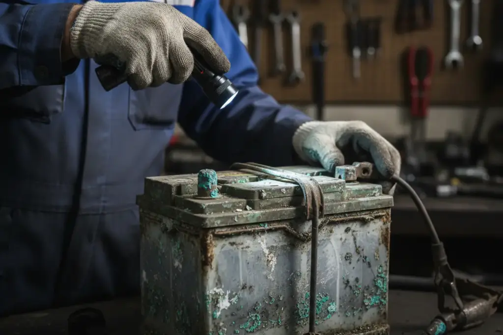 Mecânico inspecionando uma bateria de carro velha e oxidada