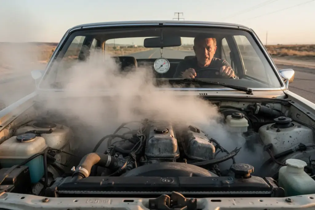 Motor de carro superaquecido soltando fumaça branca