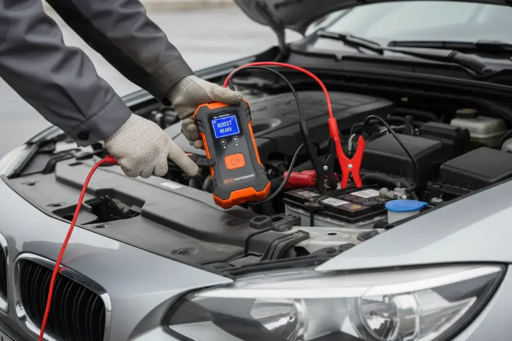 Motorista conectando jump starter na bateria do carro