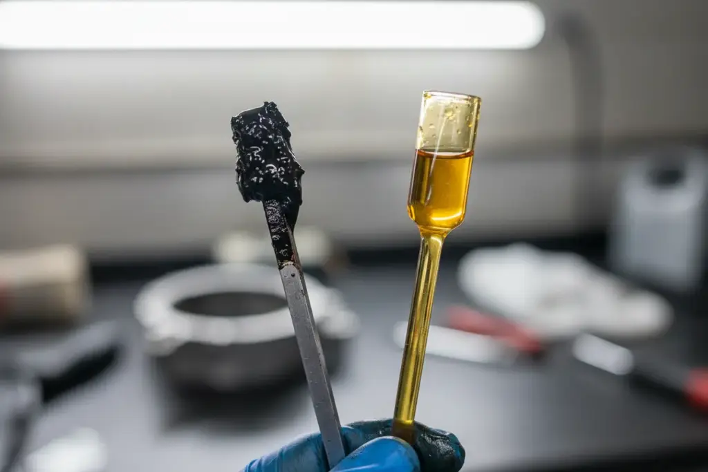 Comparação visual entre óleo de motor sujo e limpo