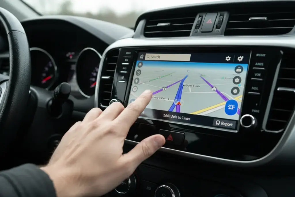 Motorista usando Waze na central multimídia do Android Auto