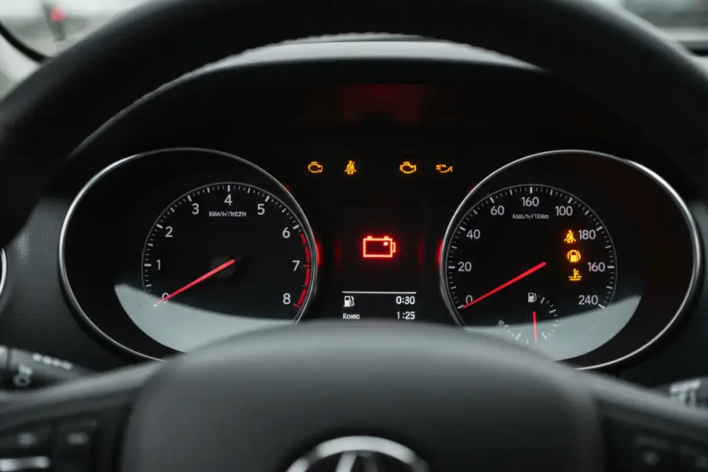 Luz de alerta da bateria acesa no painel de um carro