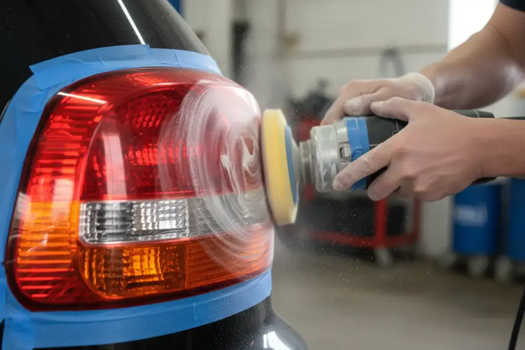 Técnico aplicando massa de polir em lanterna automotiva