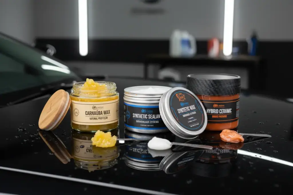 Comparação visual entre cera de carnaúba, cera sintética e cera híbrida para carros pretos.