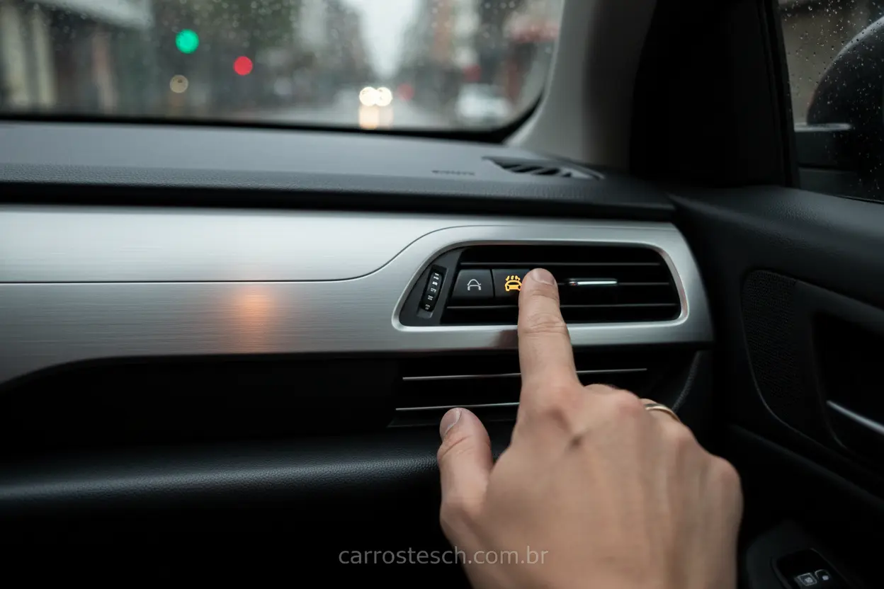 Mão pressionando o botão do desembaçador traseiro do carro