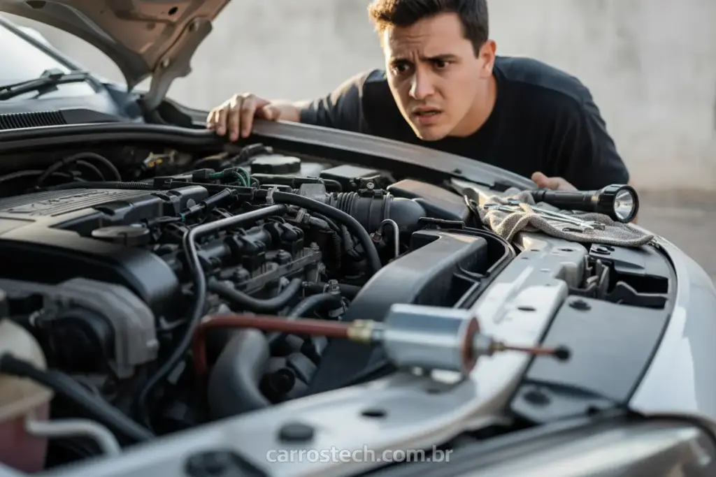 Homem examinando motor de carro com problemas