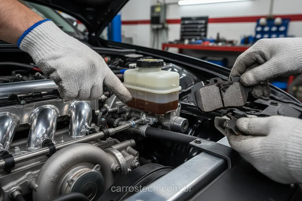 Mecânico verificando fluido de freio e pastilhas desgastadas