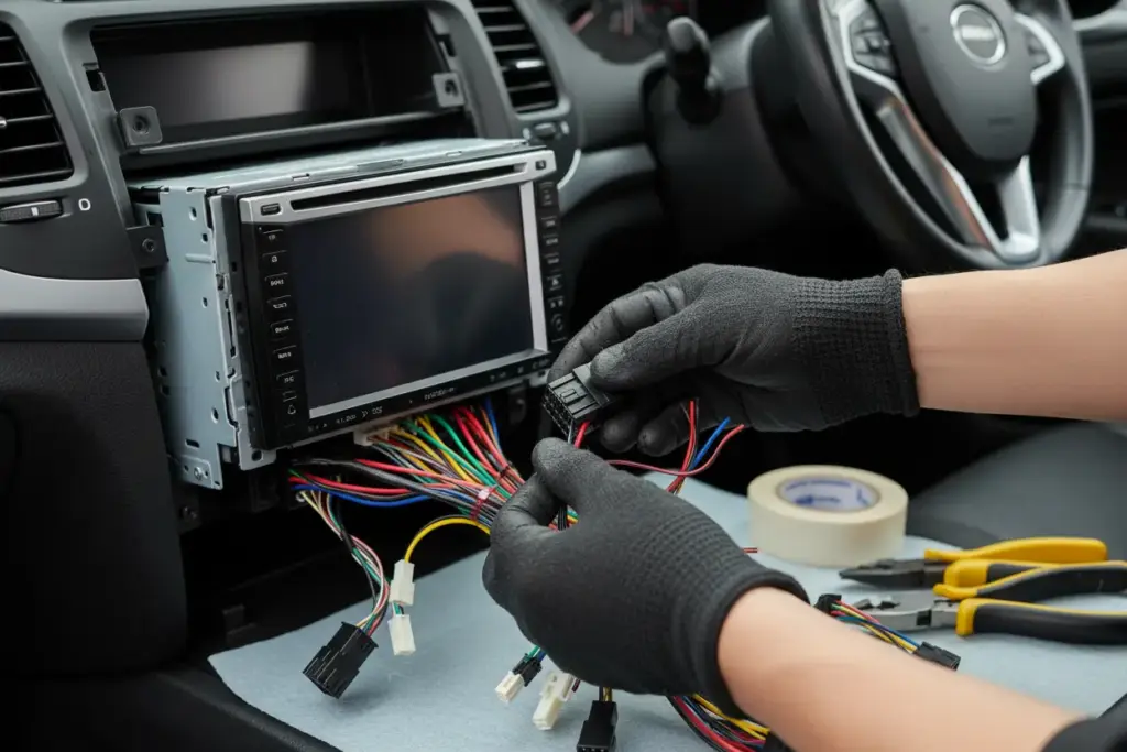 Conexão da fiação elétrica do DVD automotivo