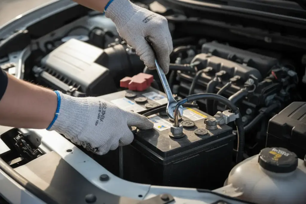 Mão desconectando o polo negativo da bateria