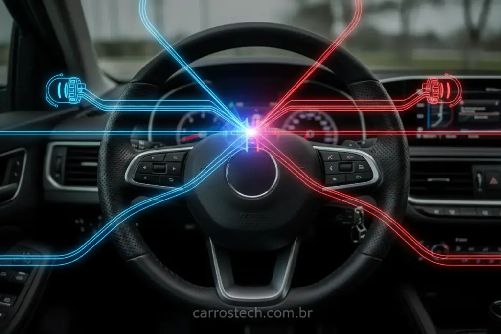 Volante de carro com elementos visuais de direção hidráulica e elétrica