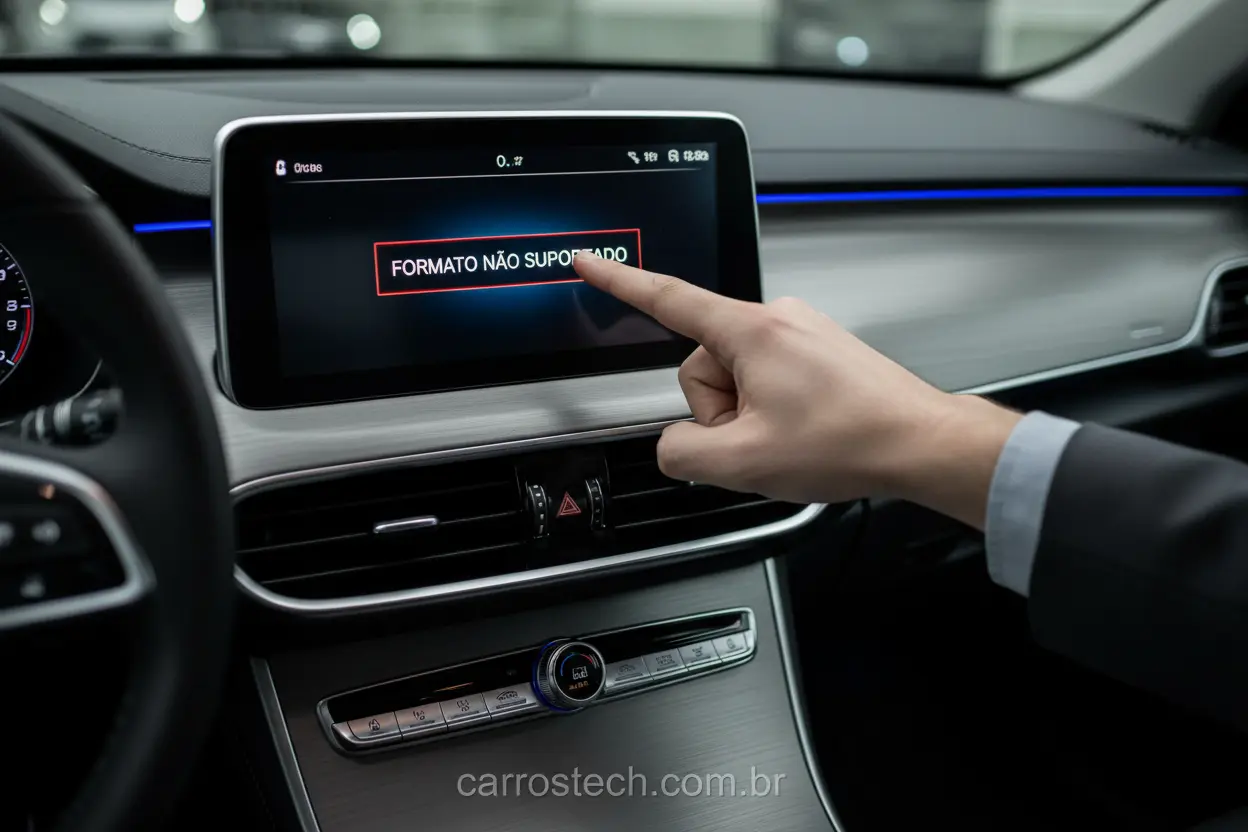 Tela de DVD de carro com mensagem de 'formato não suportado'.