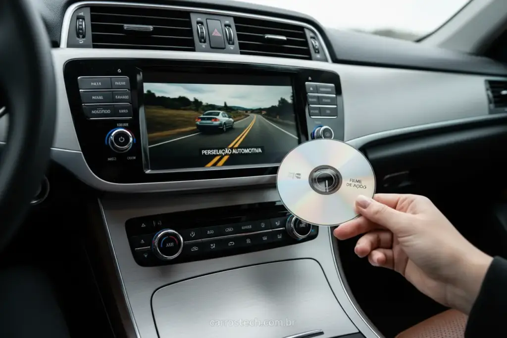Tela de DVD de carro reproduzindo vídeo, com um disco na mão.