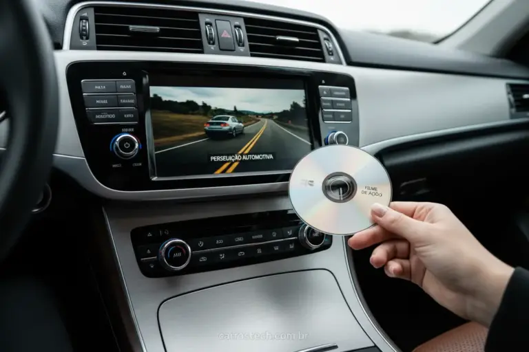 Tela de DVD de carro reproduzindo vídeo, com um disco na mão.