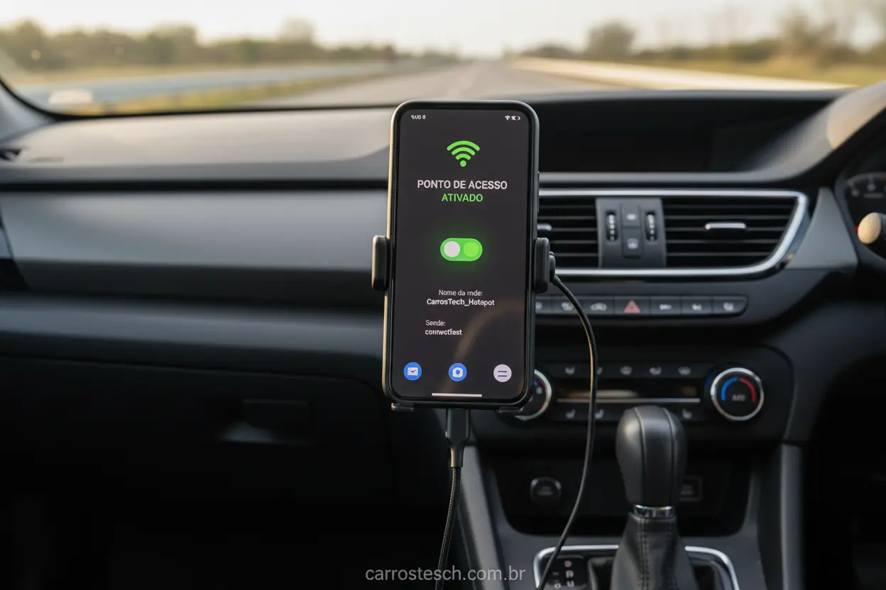 Hotspot no celular no carro Celular com hotspot ativado no suporte do painel