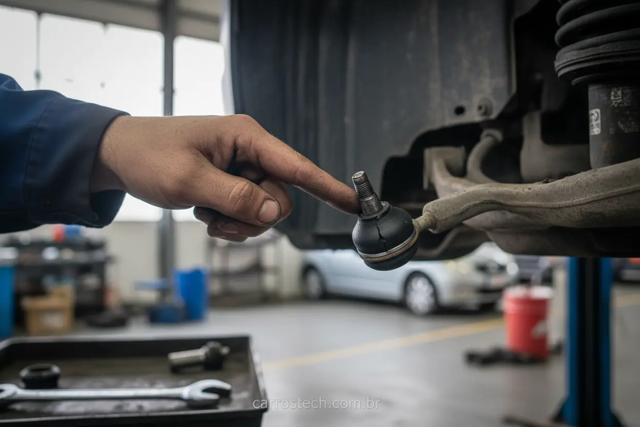Mecânico examinando a suspensão e direção de um carro em oficina.