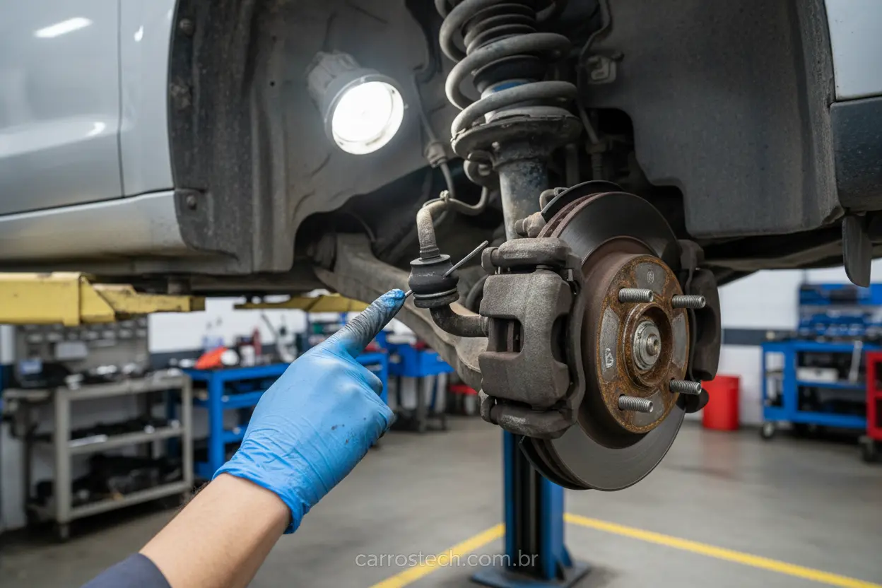 Mecânico verificando sinais de folga na direção do carro