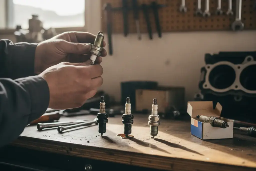 Mecânico realizando inspeção visual de vela gasta