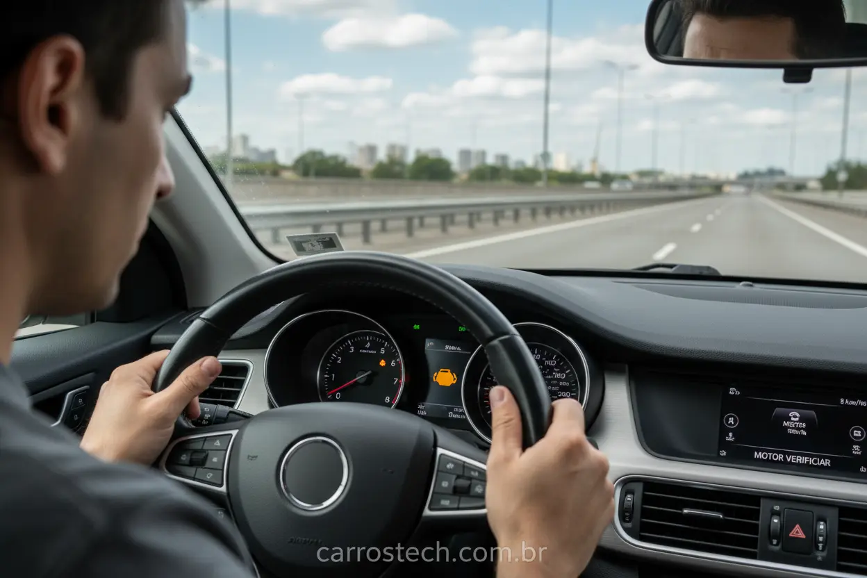 Painel do carro com luz de injeção acesa, sinal de quando trocar as velas do carro