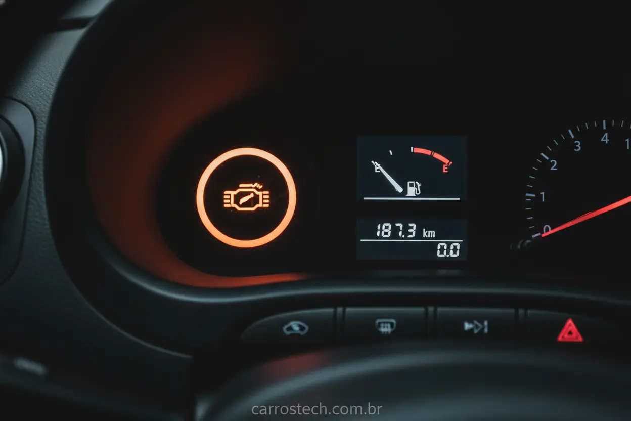 Painel do carro com luz de injeção acesa