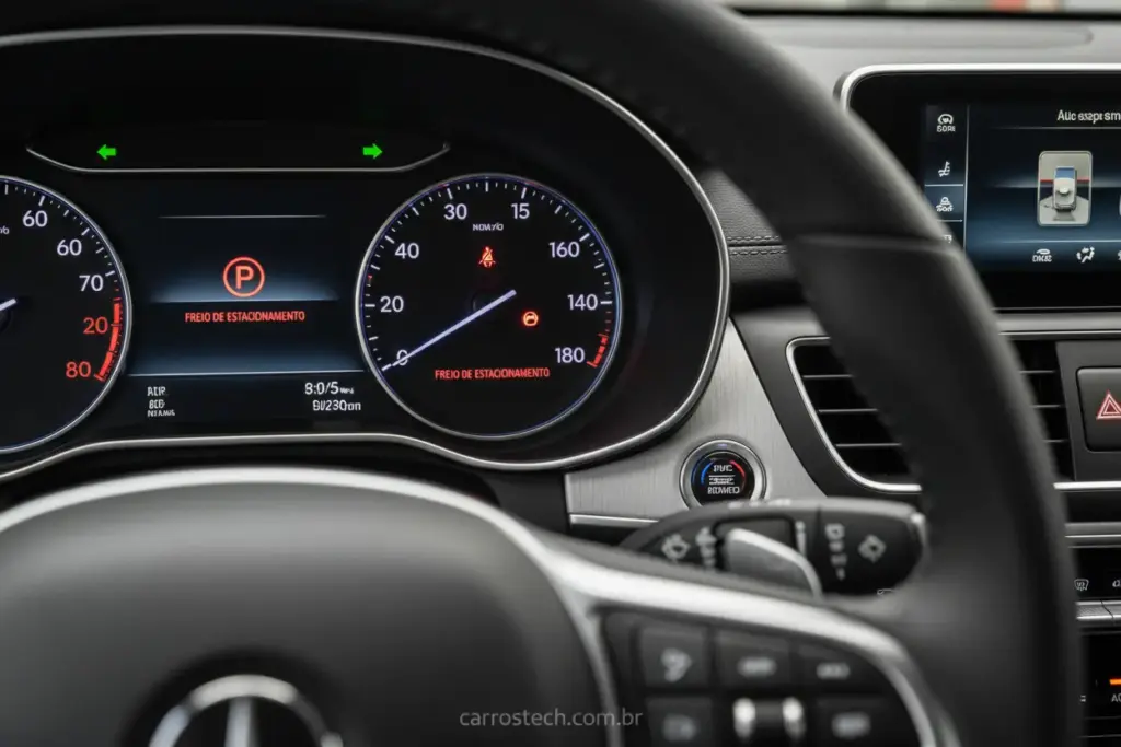 Painel de carro com luz de freio de mão acesa