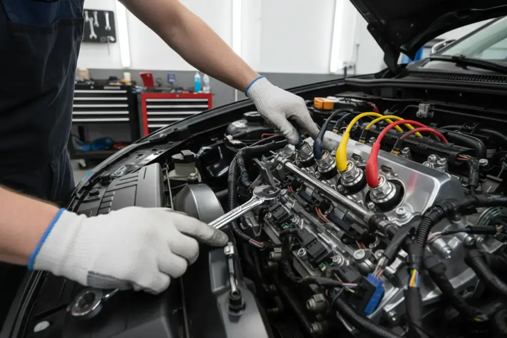 Mecânico especializado verificando motor do carro