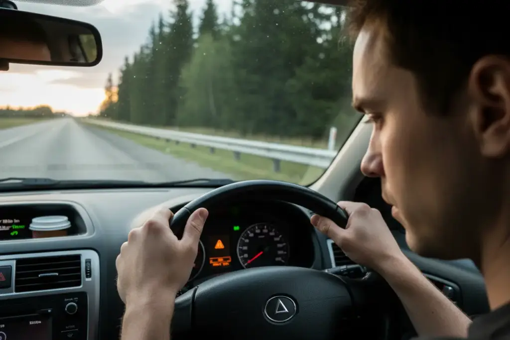 Motorista preocupado observa luz da direção acesa