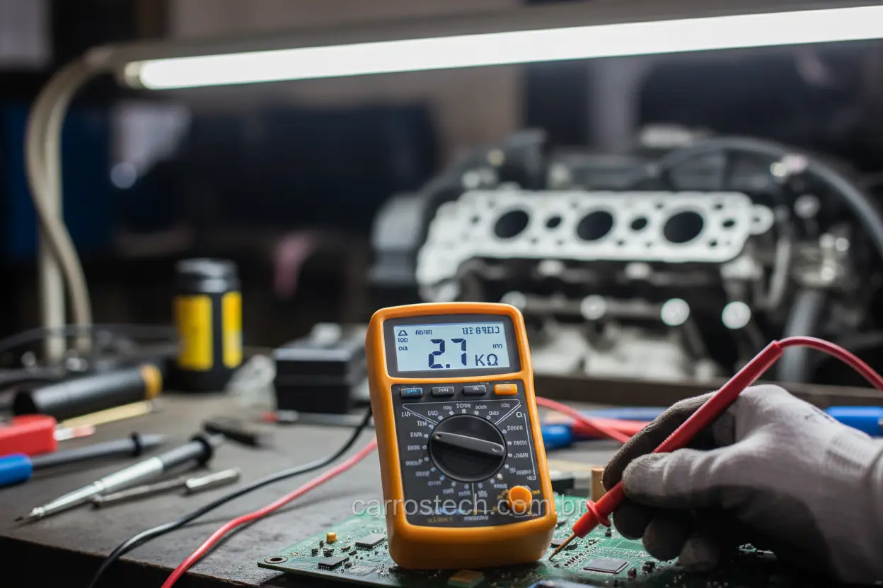 Multímetro digital mostrando leitura de resistência