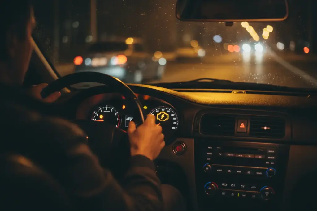 Painel do carro com luz de injeção acesa alerta