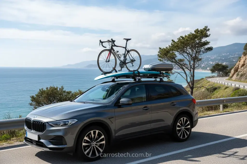 Carro com rack de teto e carga variada.