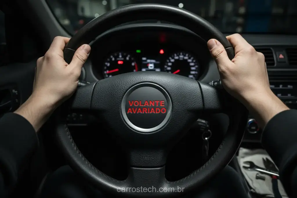 Motorista com as mãos no volante, percebendo vibrações na direção.