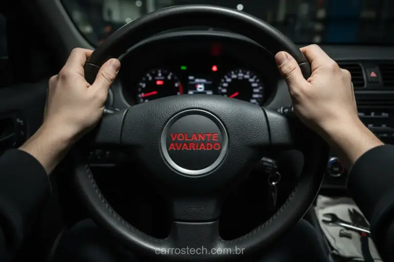 Motorista com as mãos no volante, percebendo vibrações na direção.