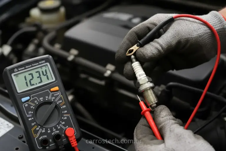 Multímetro e vela de carro para teste