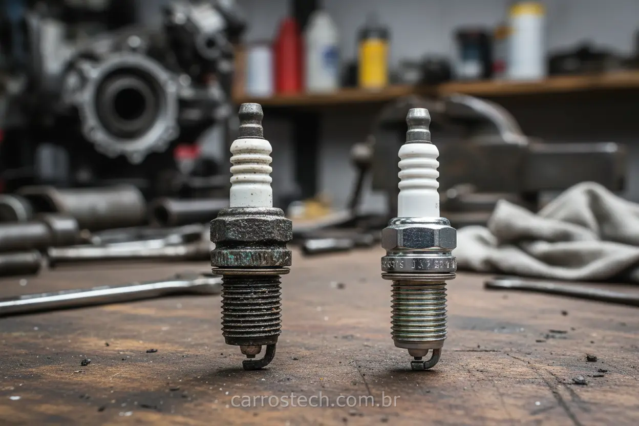 Vela do carro desgastada e nova lado a lado.