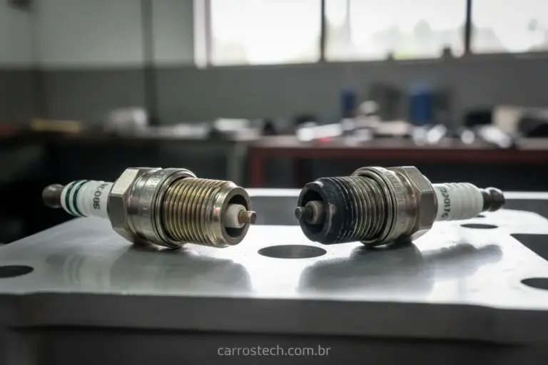 Vela de ignição nova e velha lado a lado