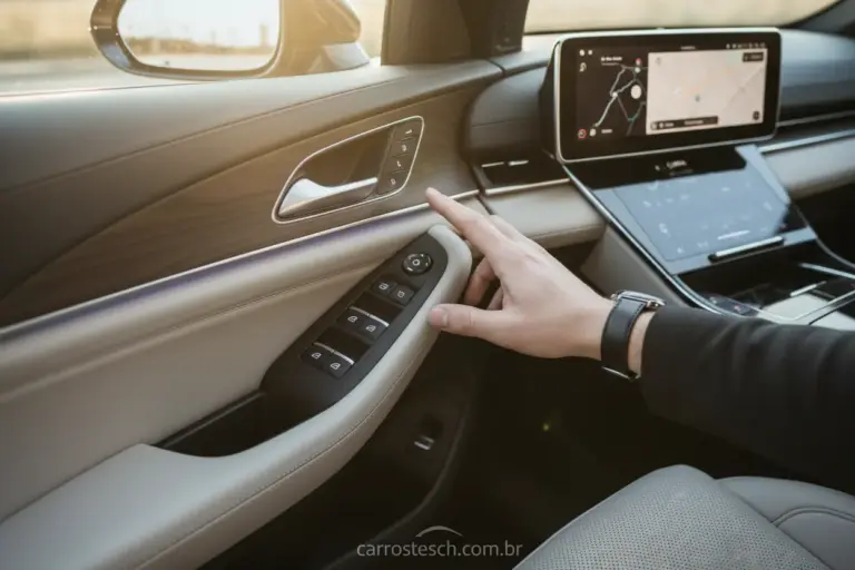 Painel interno de carro com botão de vidro elétrico.