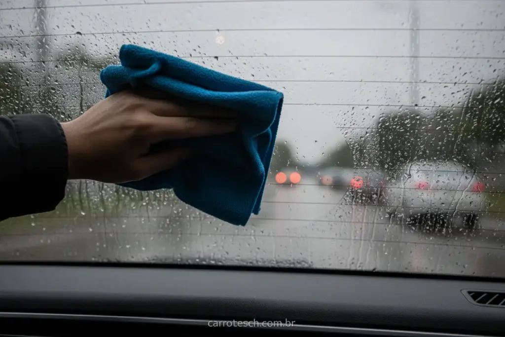 Motorista limpando vidro traseiro embaçado do carro