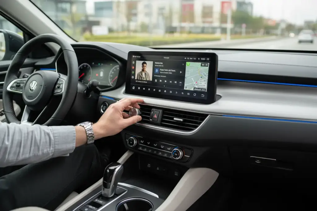 Botão de volume físico no painel de um carro moderno