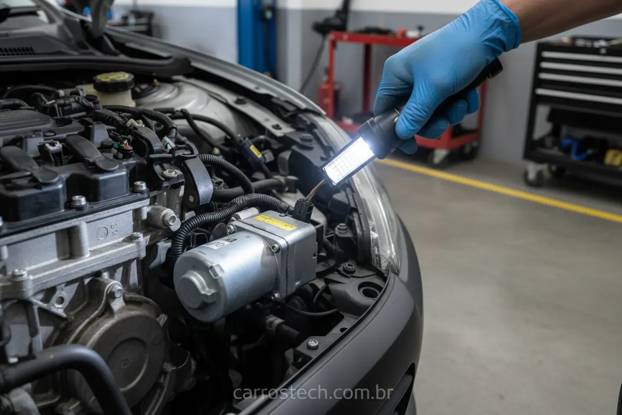 Mecânico verificando o sistema de direção elétrica do veículo.
