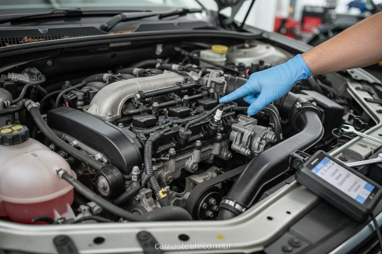 Mecânico verificando motor para causas da luz da injeção