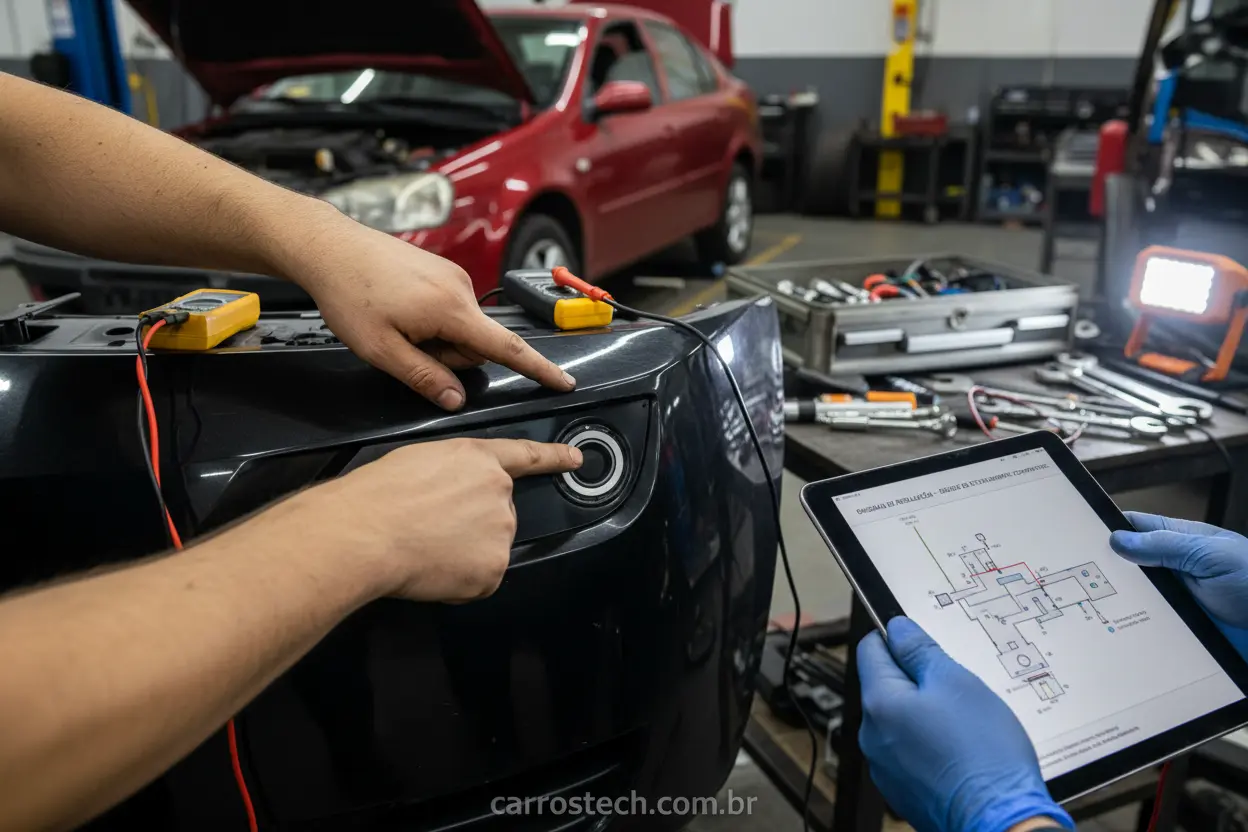 Mecânico verificando se o sensor de estacionamento funciona em qualquer carro.