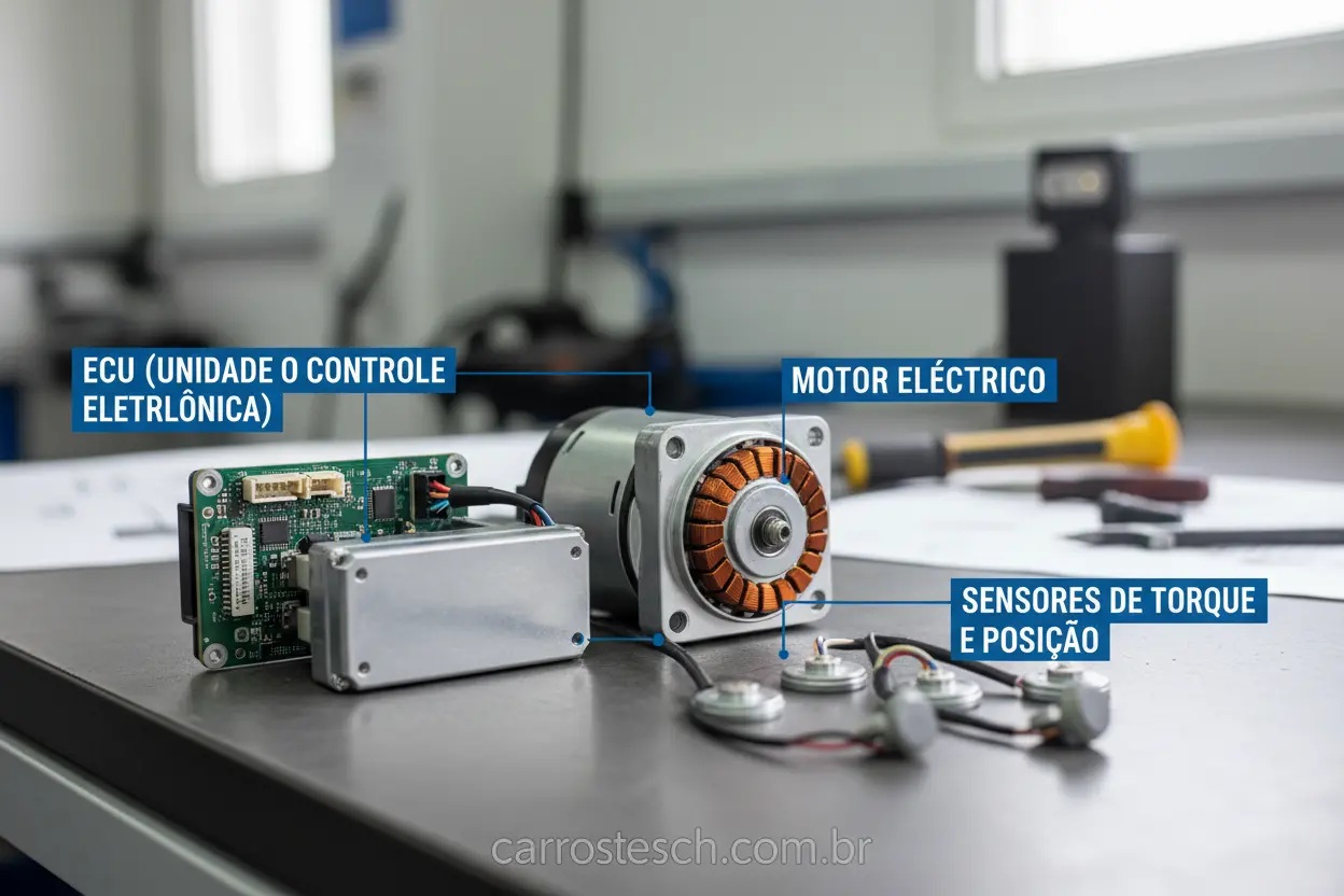 Motor elétrico e ECU do sistema de direção automotiva.