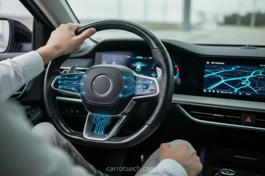 Volante de carro com luzes azuis, simbolizando a direção elétrica.